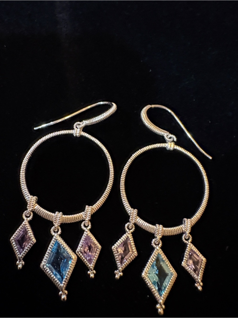 Silver-Tone Hoop Earrings with Blue and Lavender Crystal Drops